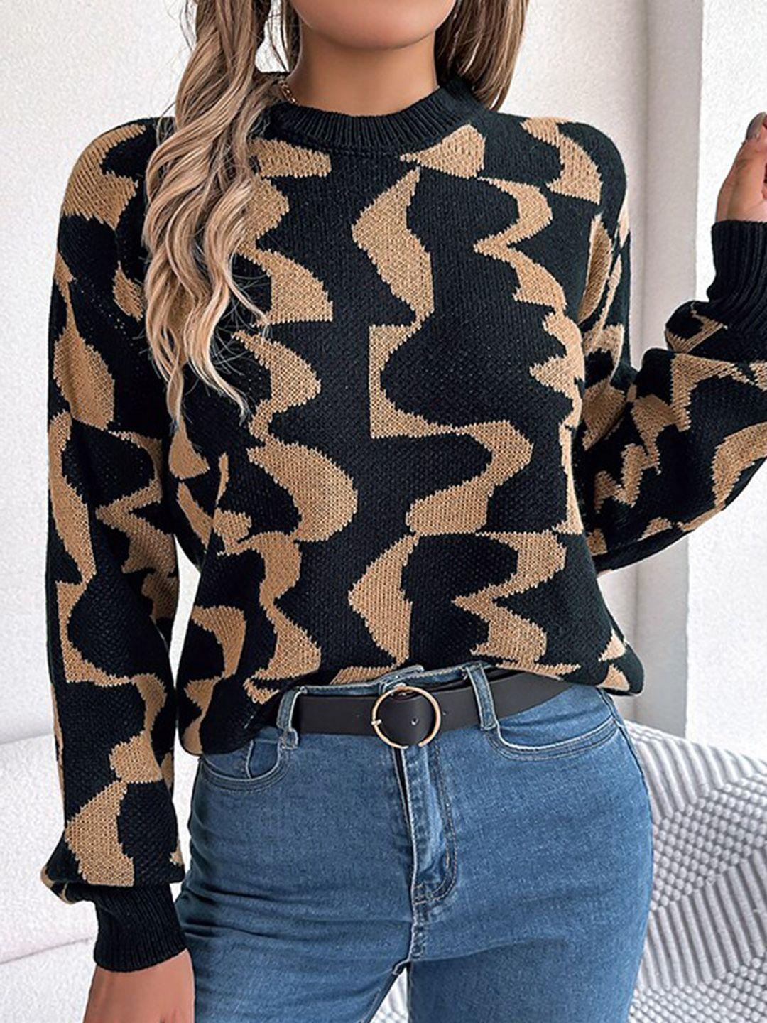 stylecast khaki abstract printed round neck long sleeves acrylic pullover sweater