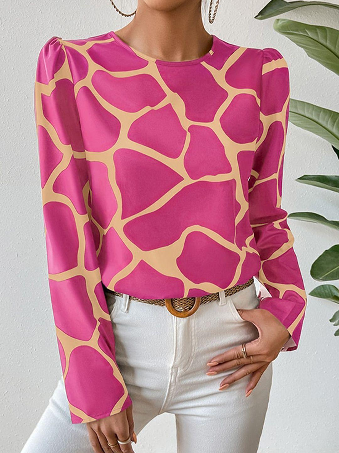 stylecast pink & cream round neck abstract printed cap sleeves regular top