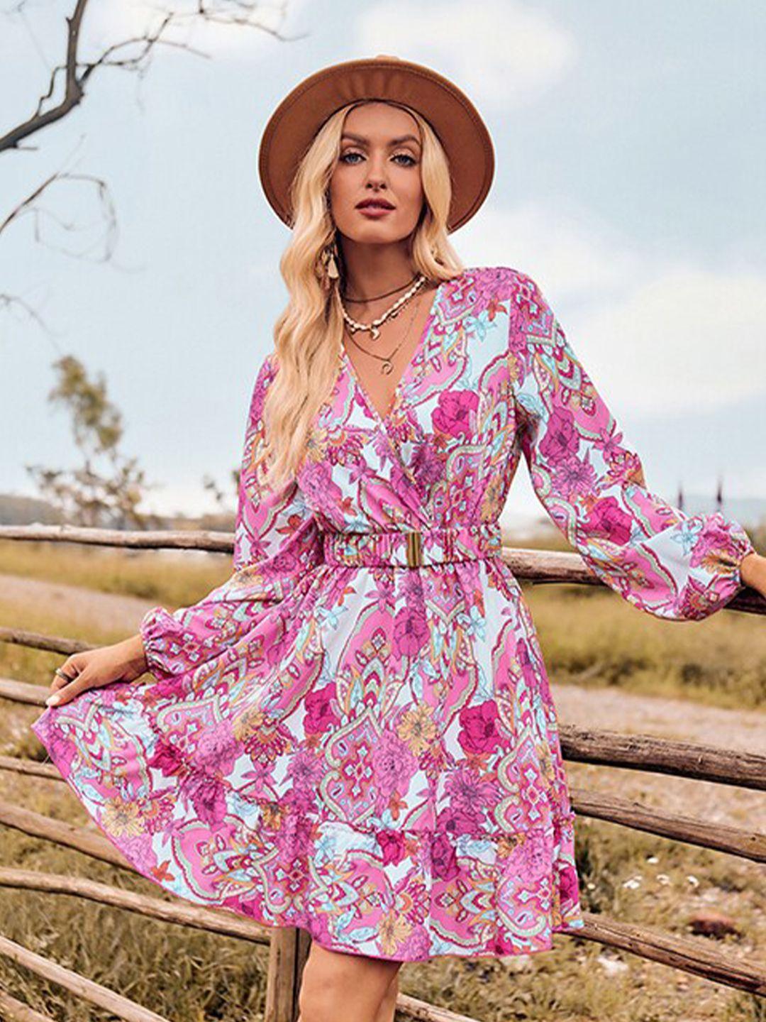stylecast pink bohemian printed v-neck belted detail puff sleeves mini fit and flare dress