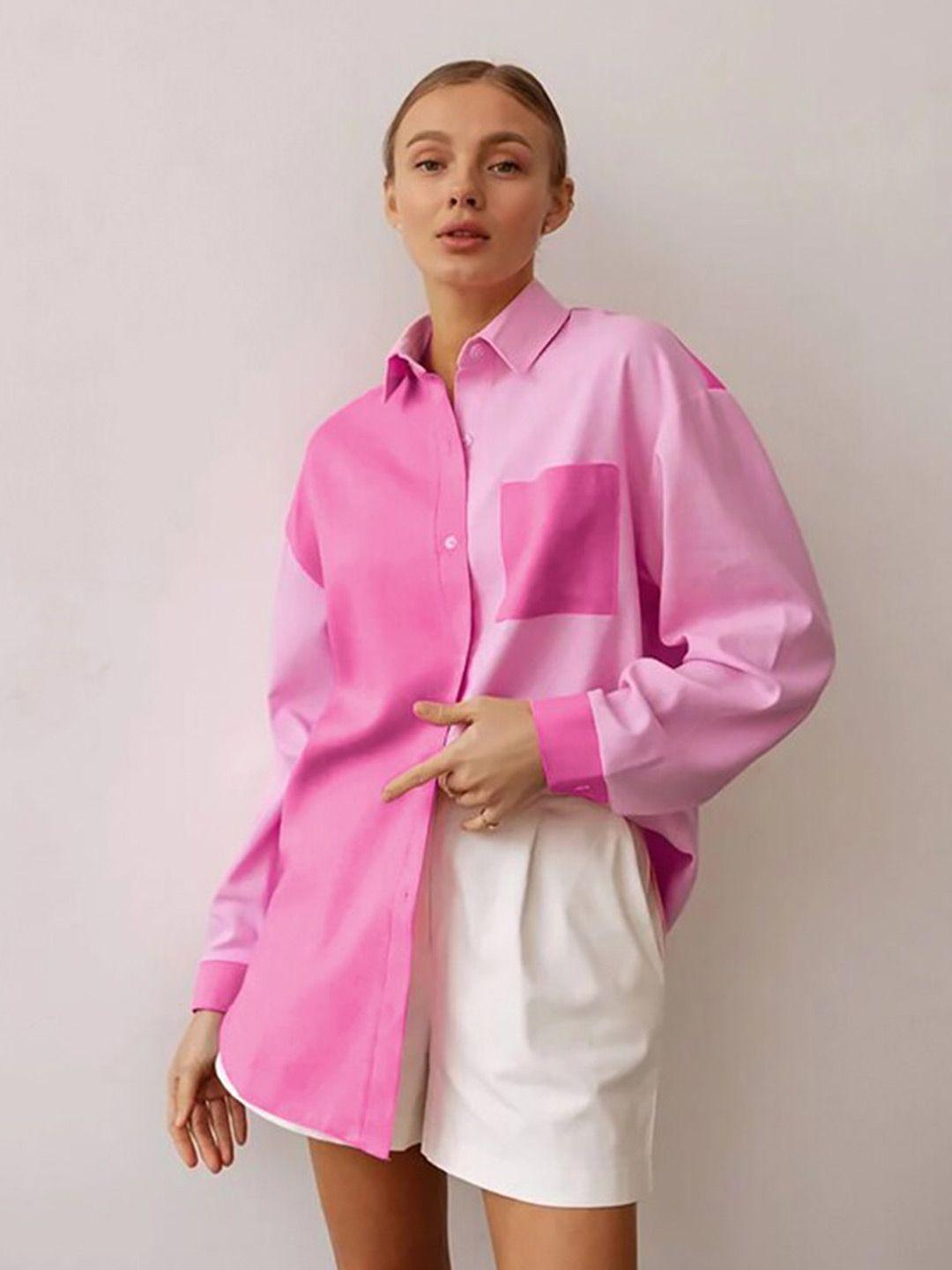 stylecast pink colourblocked oversized cotton casual shirt