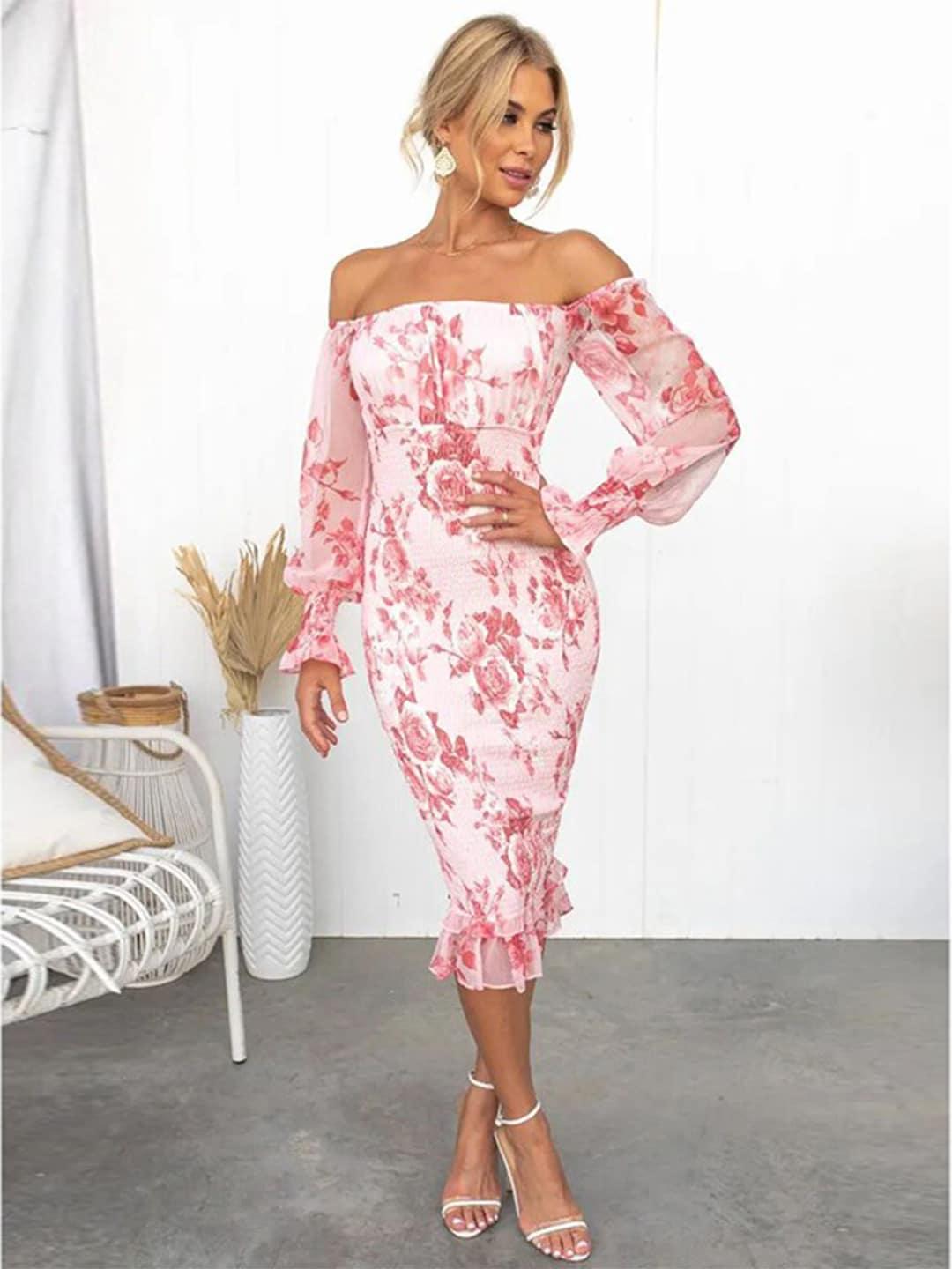 stylecast pink floral printed off-shoulder puff sleeves smocked detailed sheath midi dress