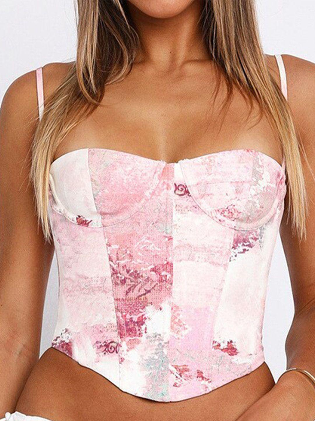 stylecast pink floral printed shoulder straps fitted crop top