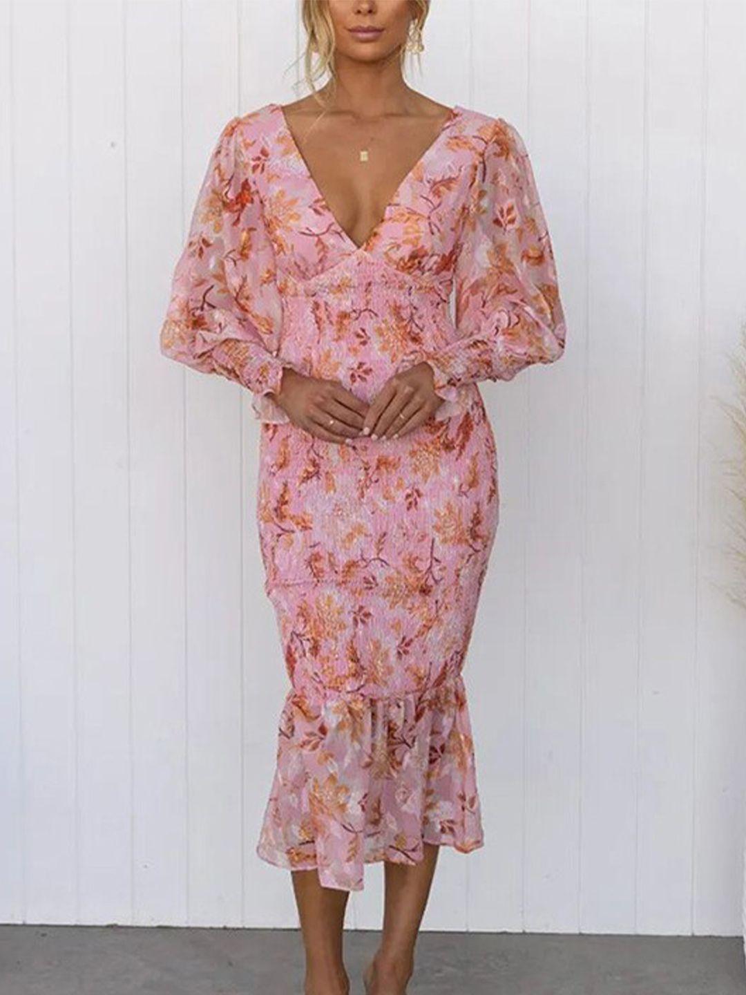 stylecast pink floral printed smocked detail sheath midi dress