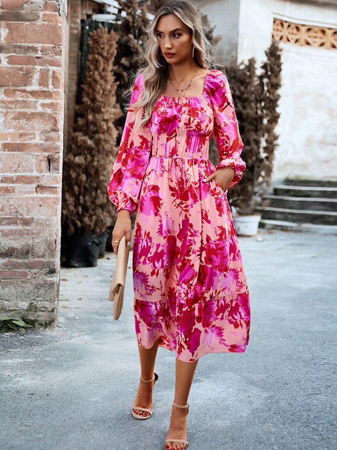 stylecast pink floral printed square neck puff sleeves gathered tiered fit & flare dress