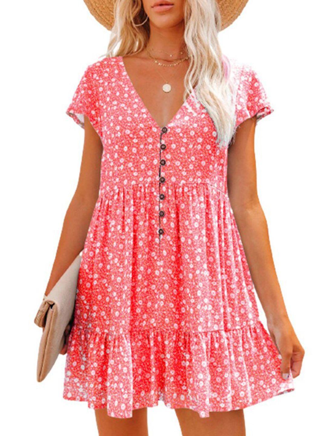 stylecast pink floral printed v-neck cotton casual fit & flare mini dress