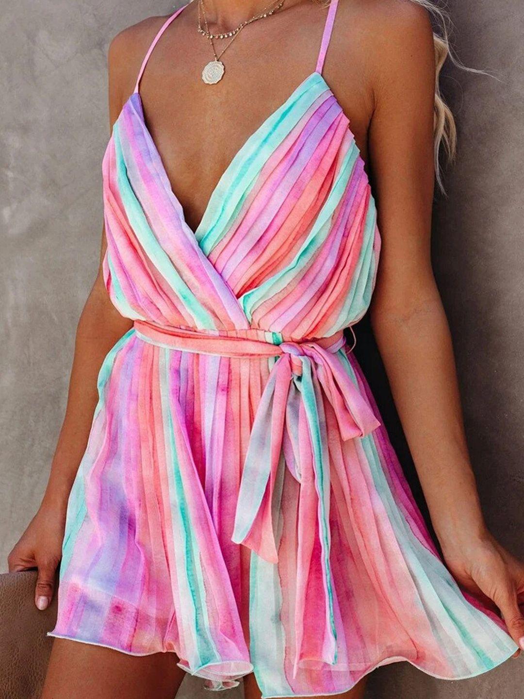 stylecast pink striped shoulder strap tie ups a-line dress