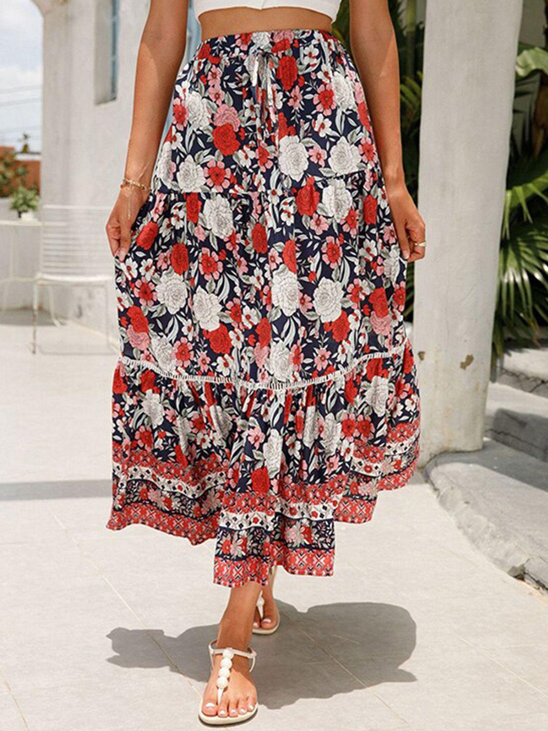 stylecast-red-floral-printed-flared-midi-skirt