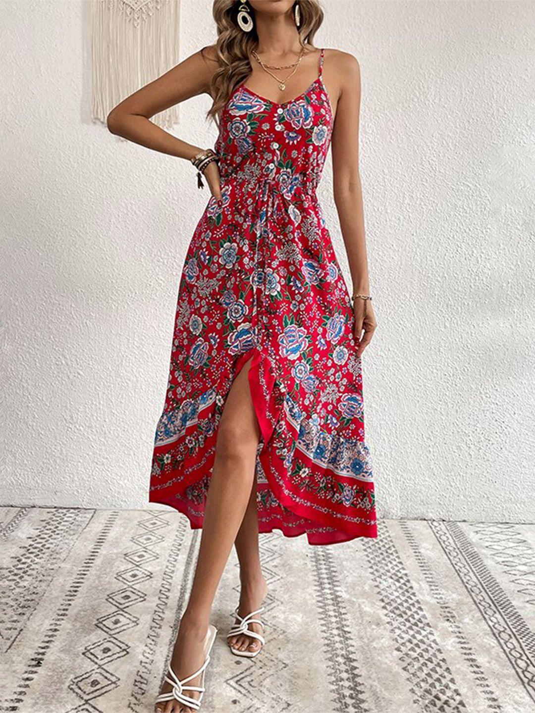 stylecast red floral printed shoulder straps sleeveless fit & flare midi dress