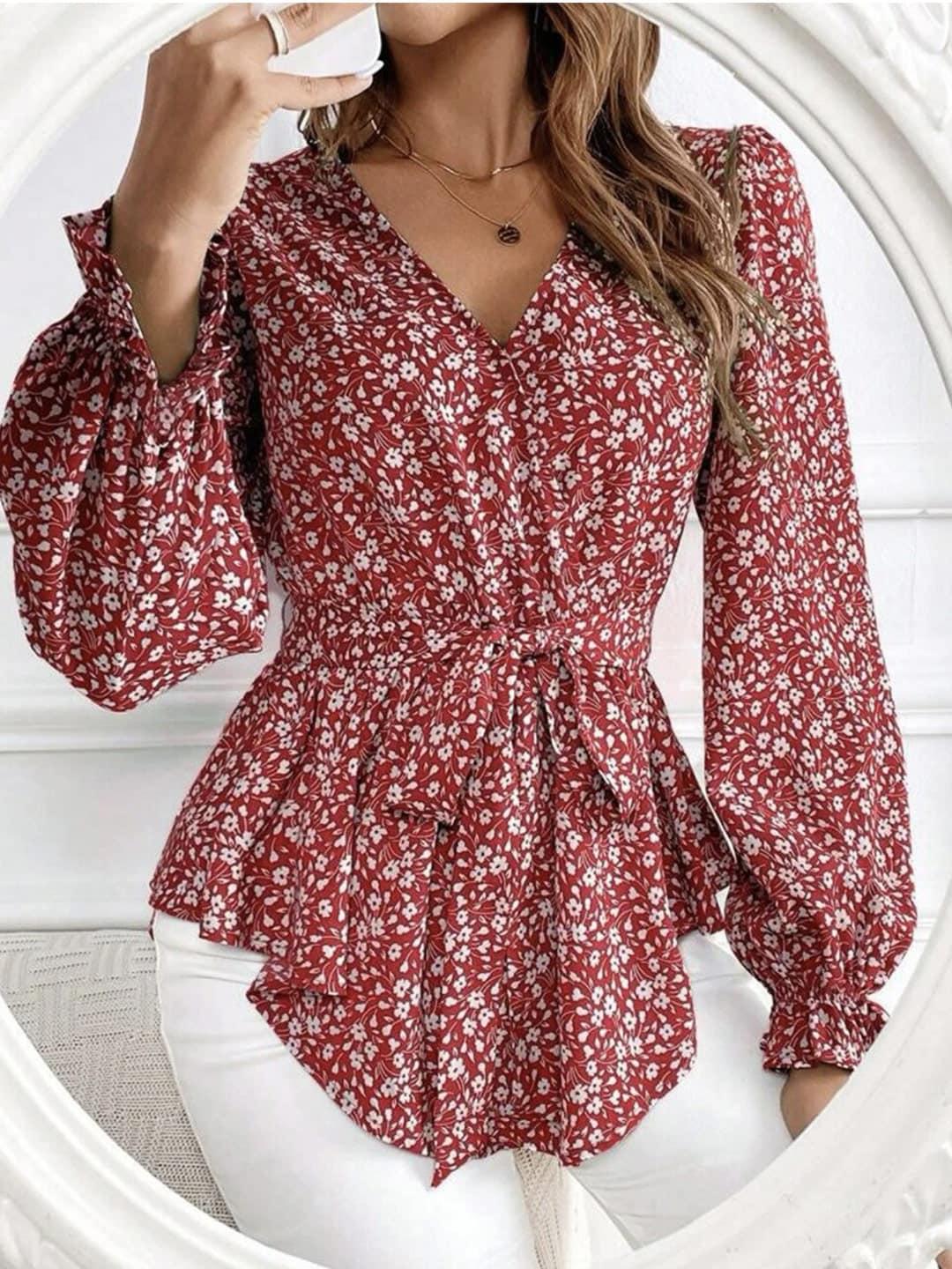 stylecast red floral printed v-neck wrap top