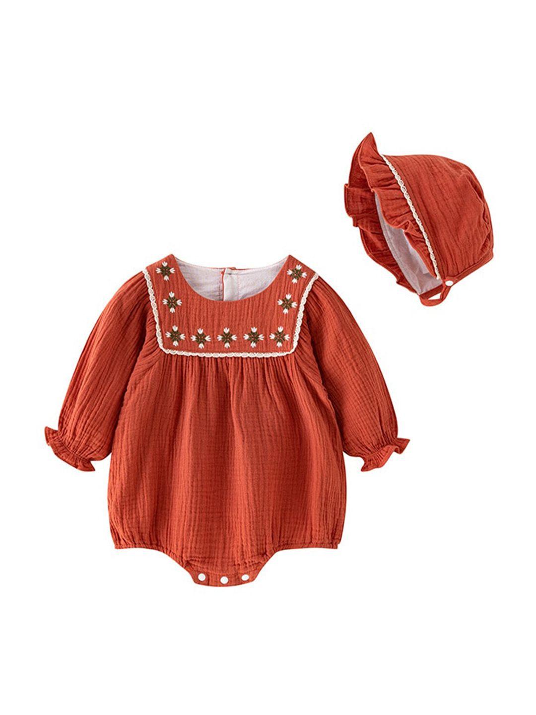 stylecast red infant girls embroidered cotton romper with cap