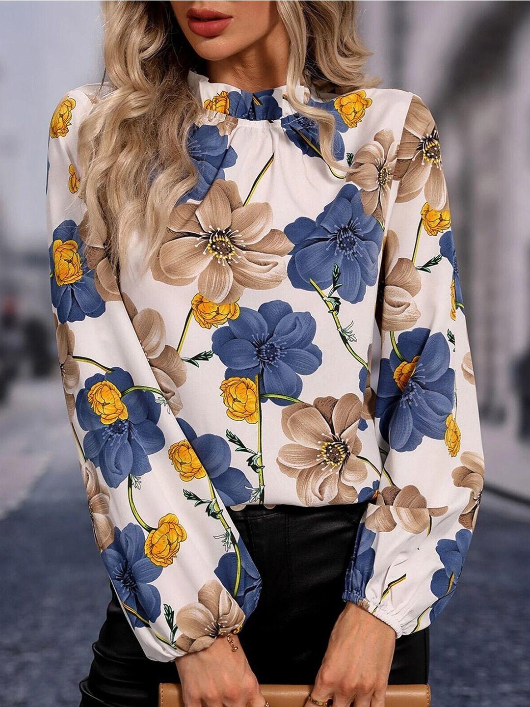 stylecast white floral printed high neck ruffles top