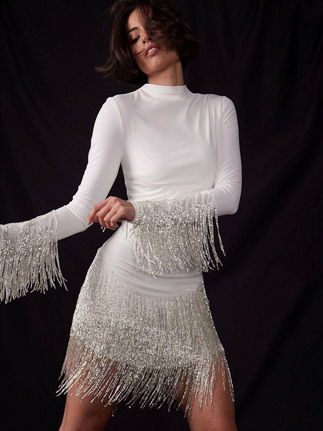 stylecast white fringed sheath mini dress
