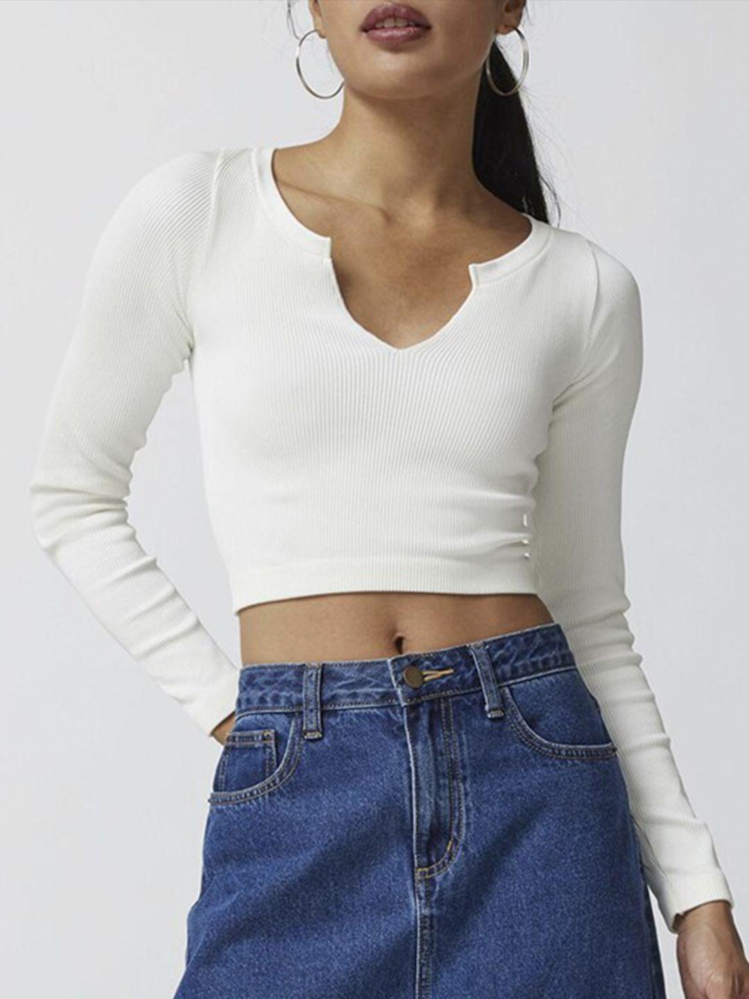 stylecast white round notched neck long sleeves crop fitted top