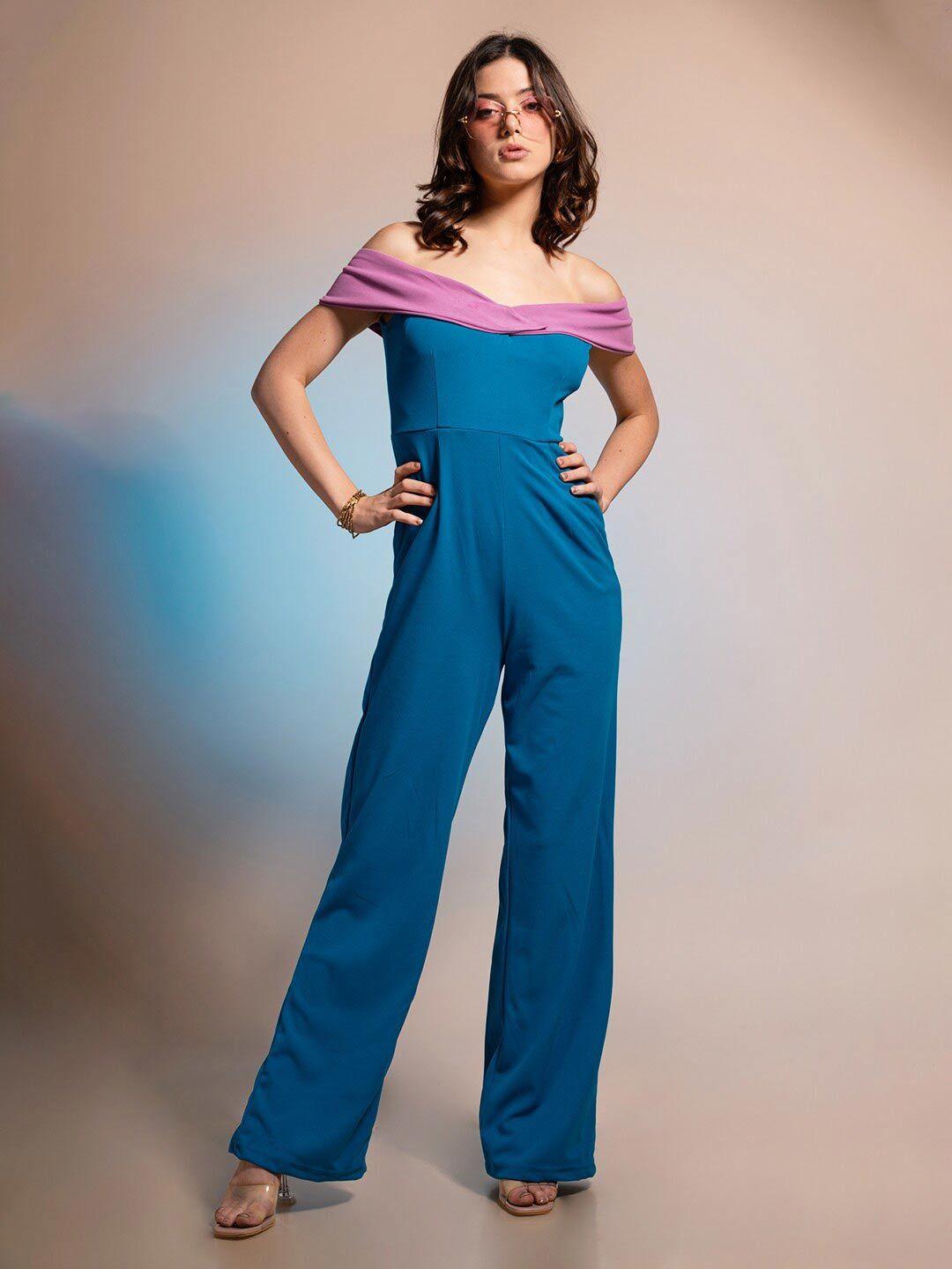 stylecast x hersheinbox blue & pink off-shoulder colourblocked basic jumpsuit