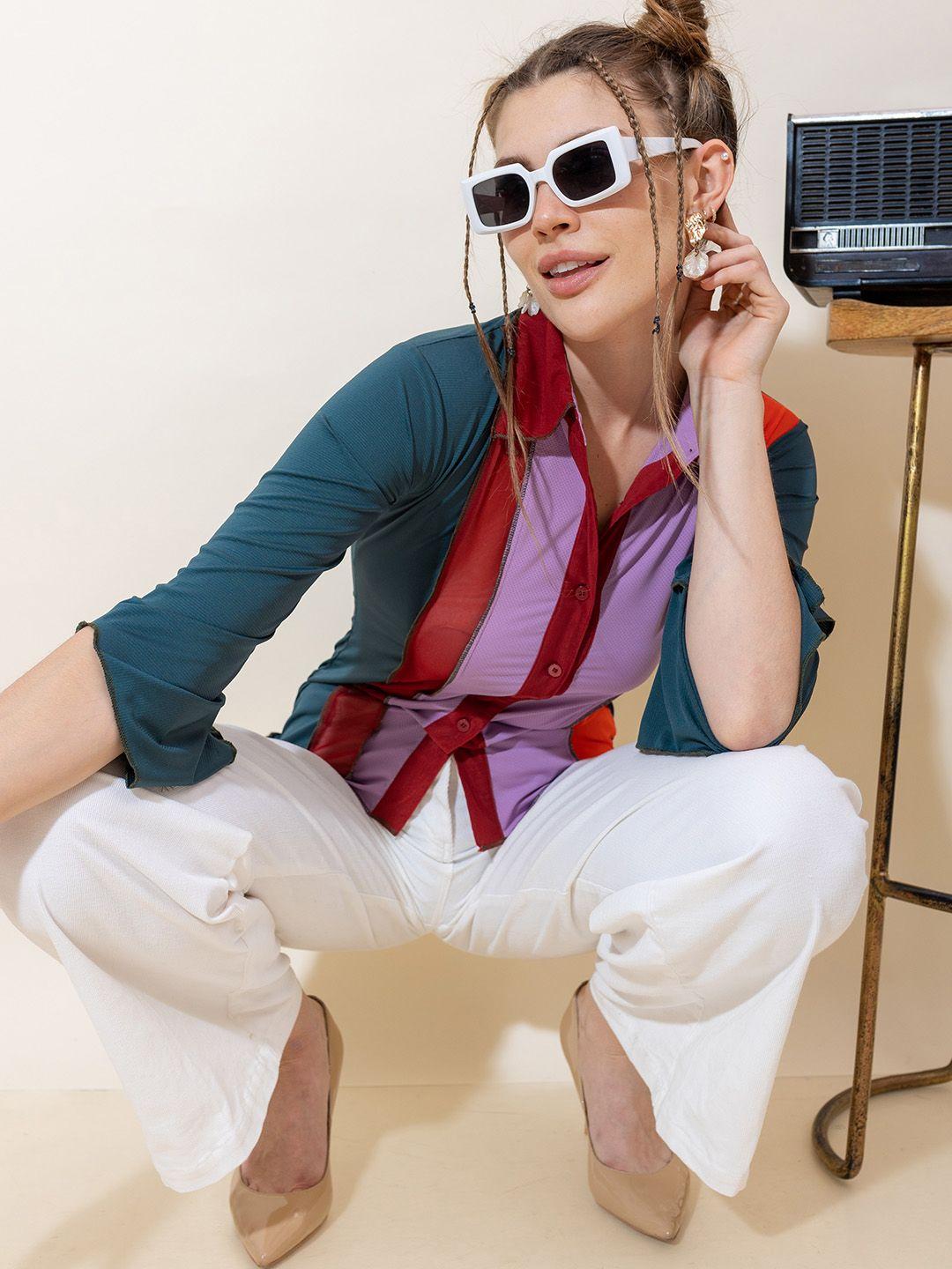 stylecast x hersheinbox relaxed fit multi striped casual shirt with slit sleeves