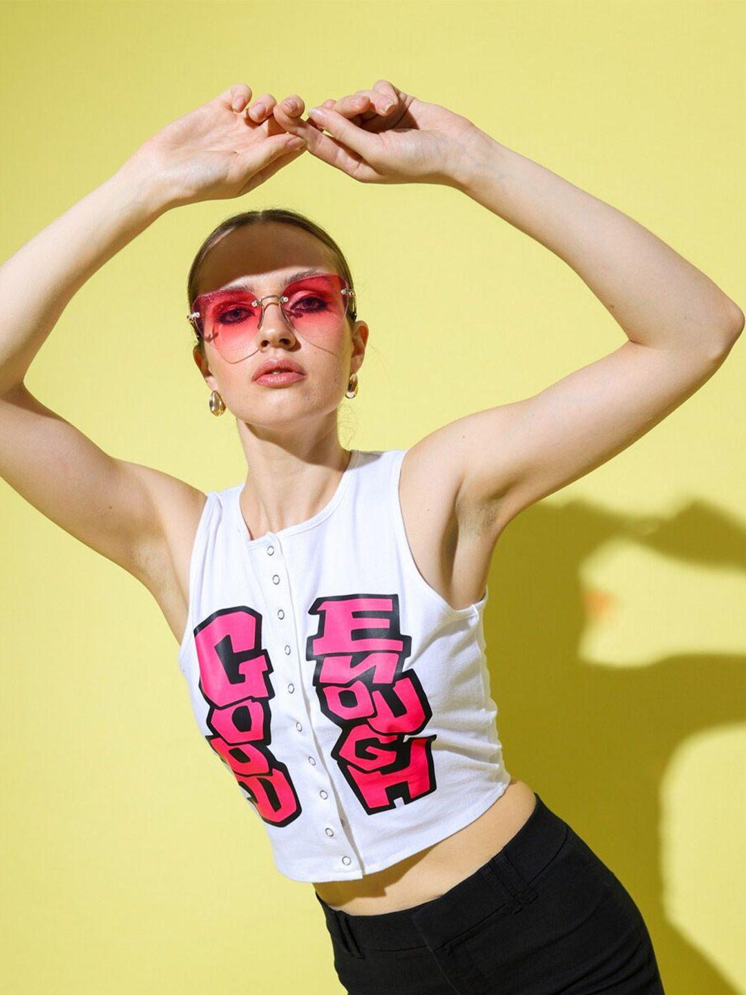 stylecast x hersheinbox white & pink typography printed pure cotton tank crop top