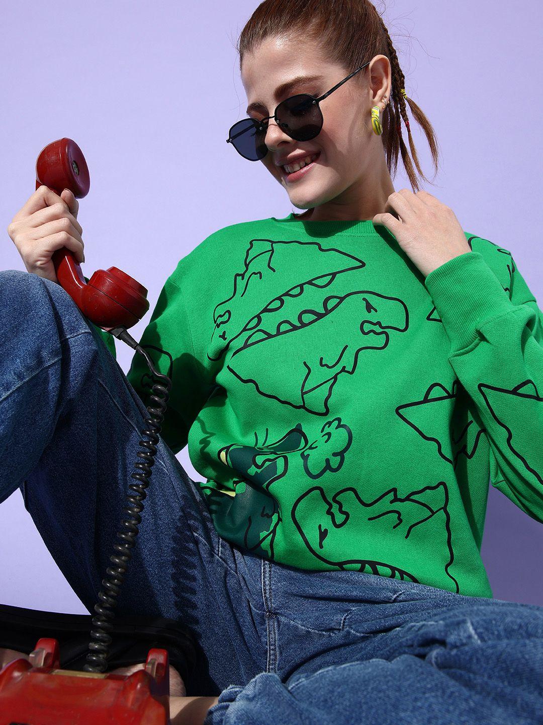 stylecast x hersheinbox women green printed pure cotton sweatshirt