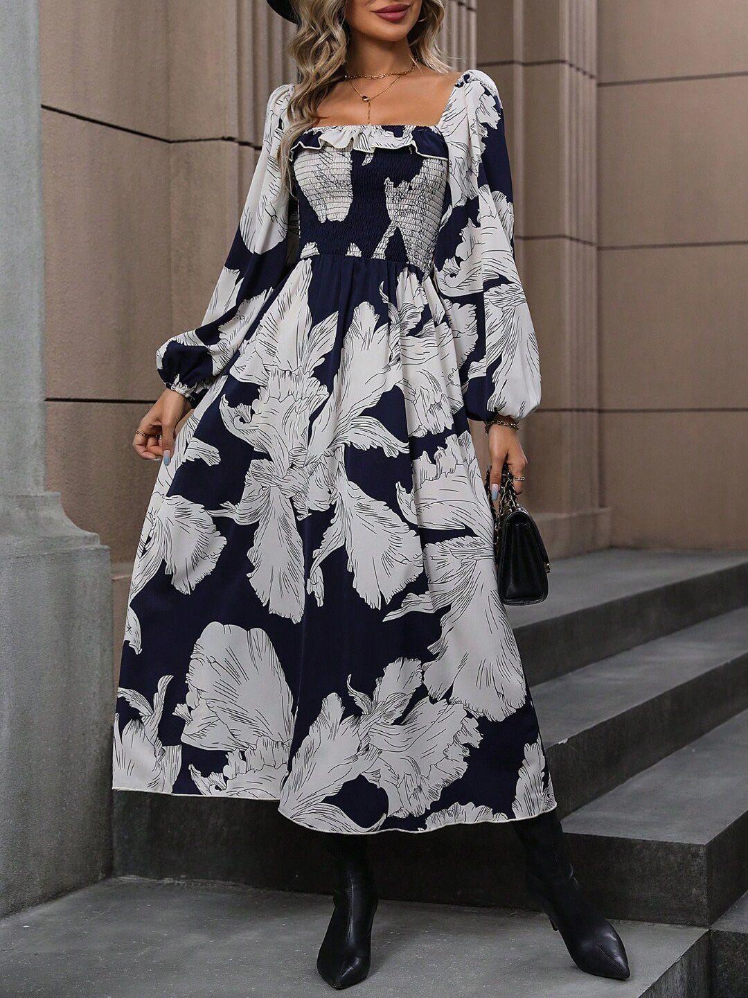 stylecast x kpop black floral printed square neck puff sleeve smocked fit & flare dress