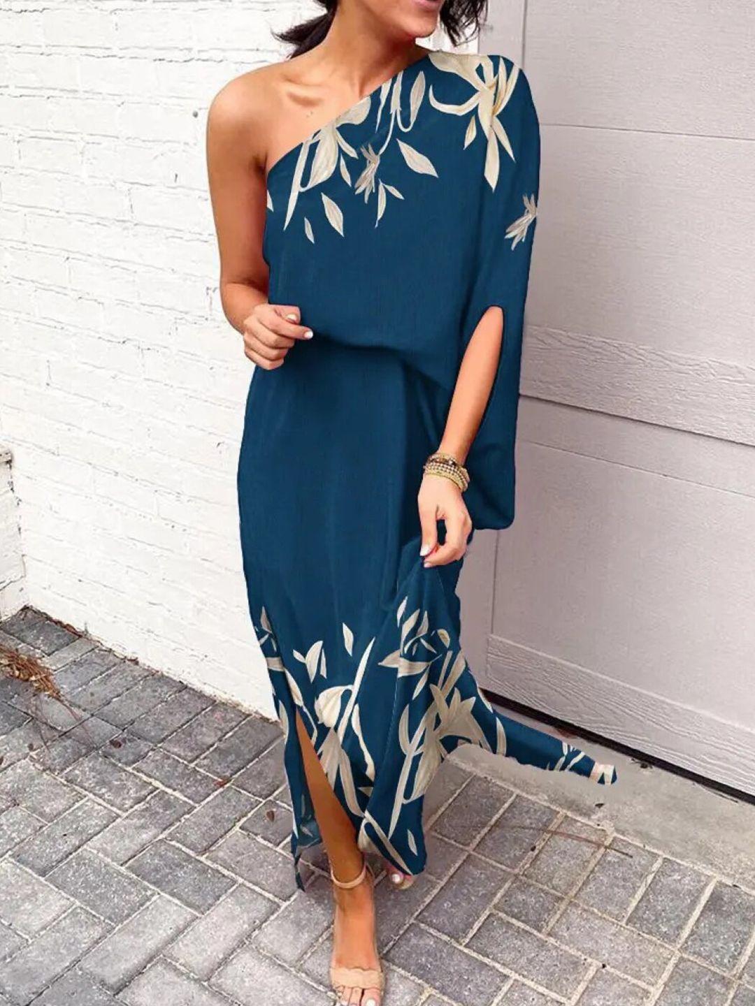 stylecast x kpop navy blue floral print one shoulder a-line maxi dress