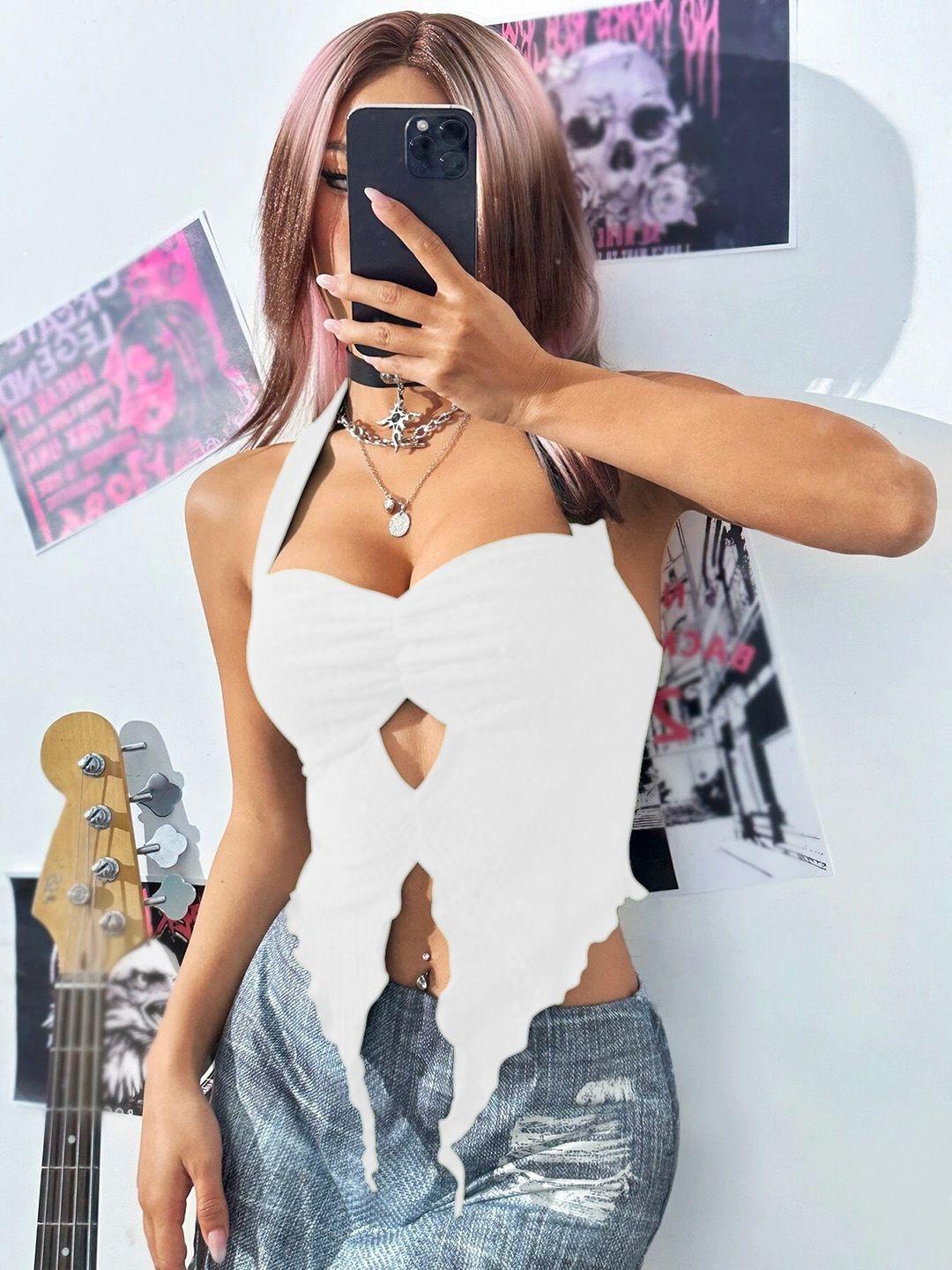 stylecast x slyck white halter neck fitted crop top
