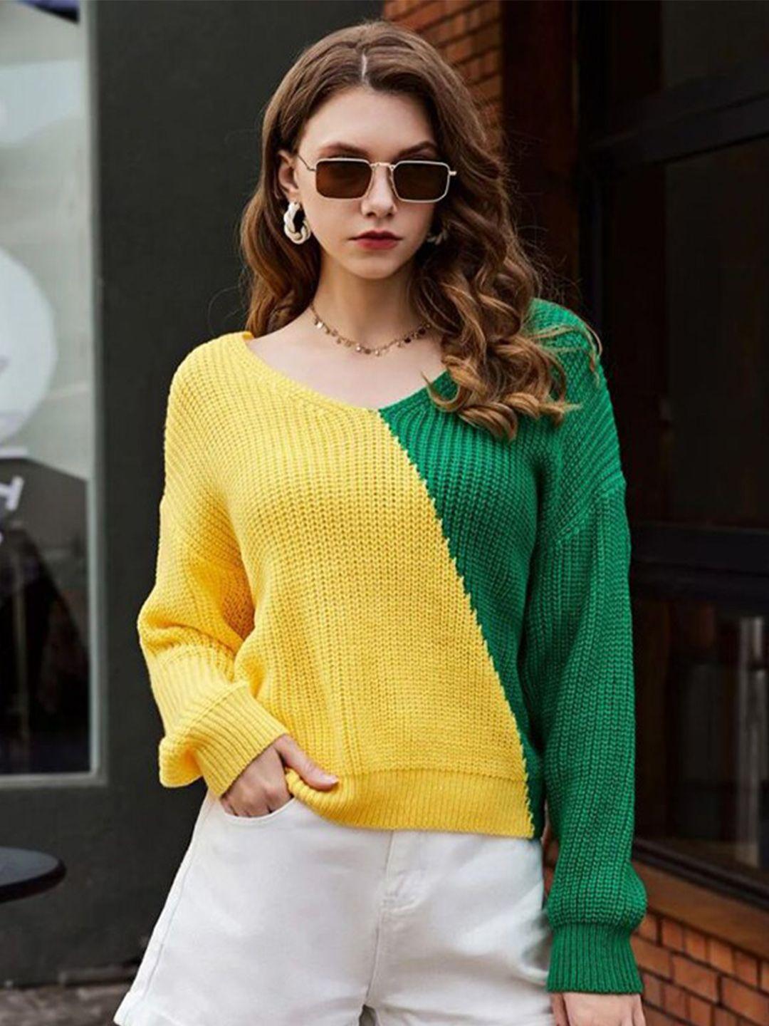 stylecast yellow & green cable knit colourblocked v-neck acrylic pullover sweater