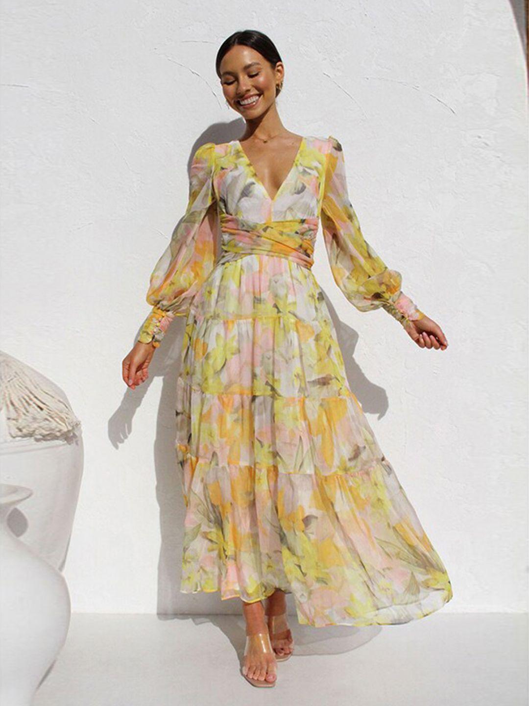 stylecast yellow floral printed puff sleeve cotton midi dress