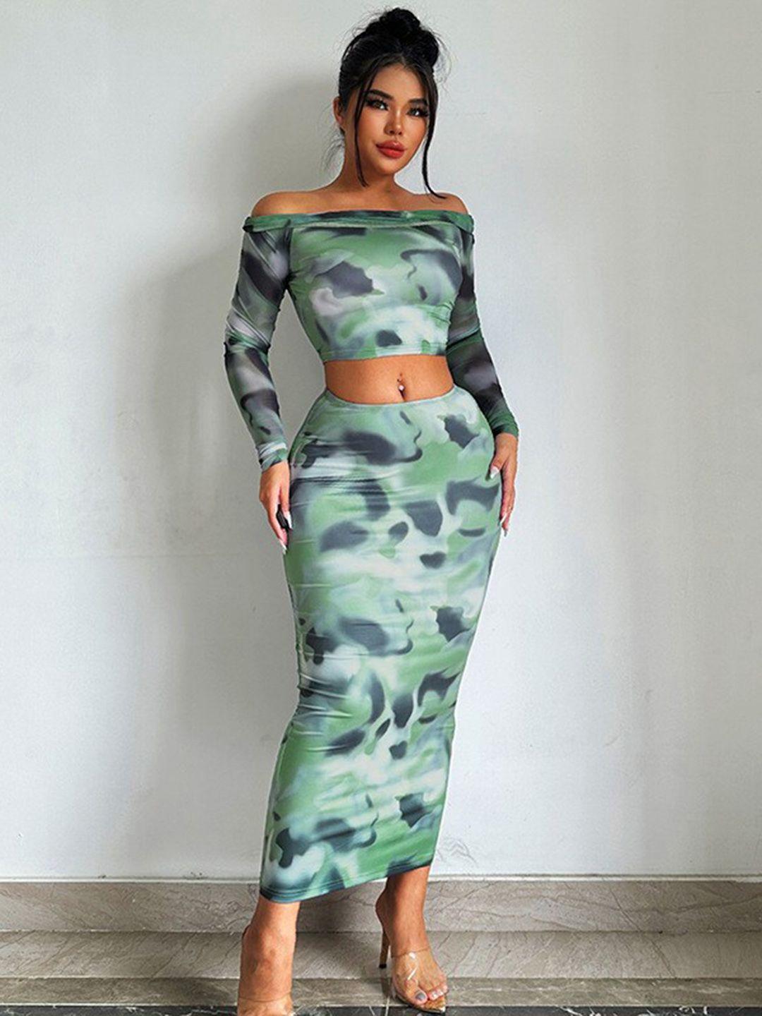 stylecast abstract printed long sleeves crop top & skirt