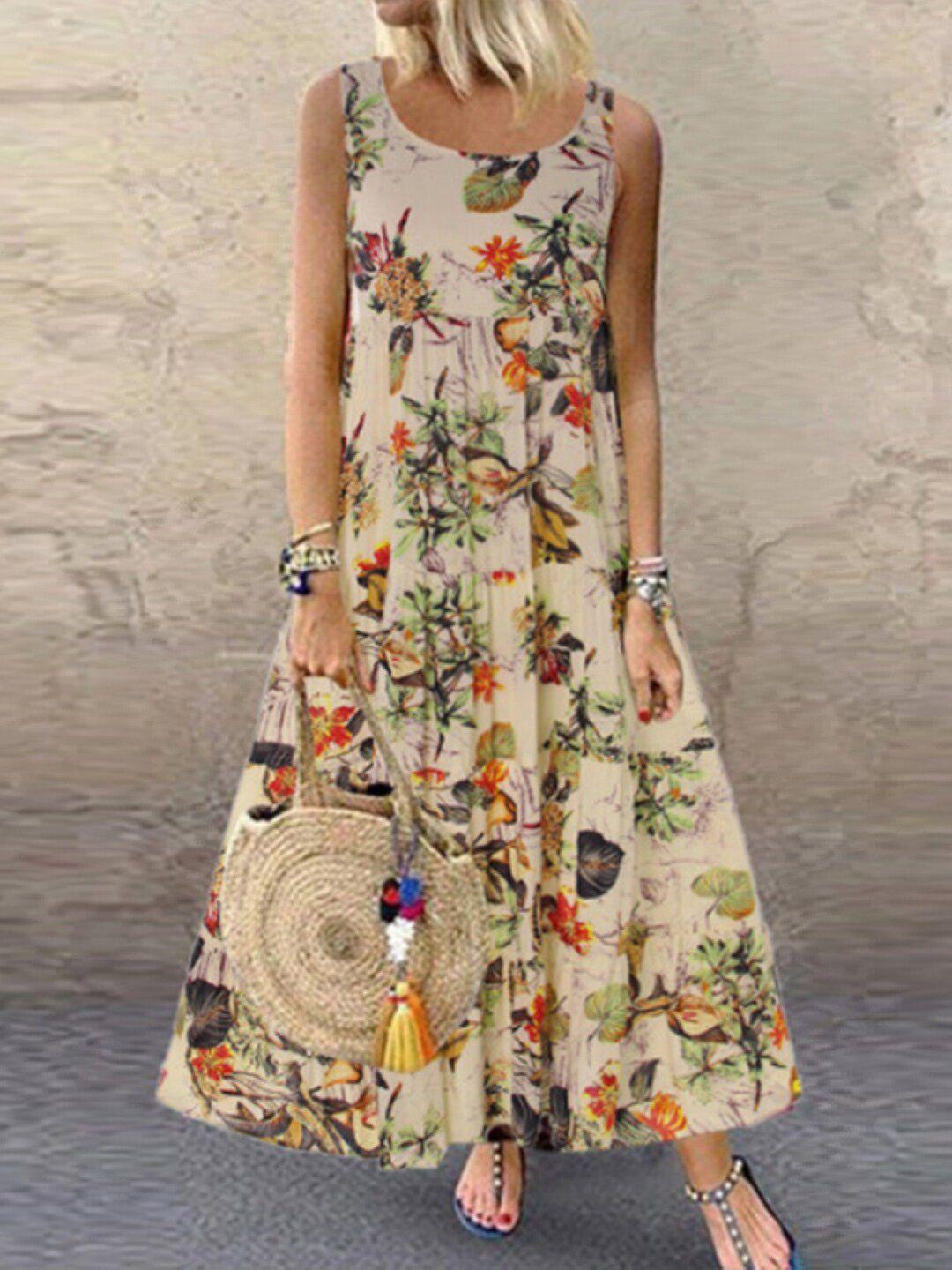 stylecast beige & orange floral printed round neck sleeveless gathered maxi dress