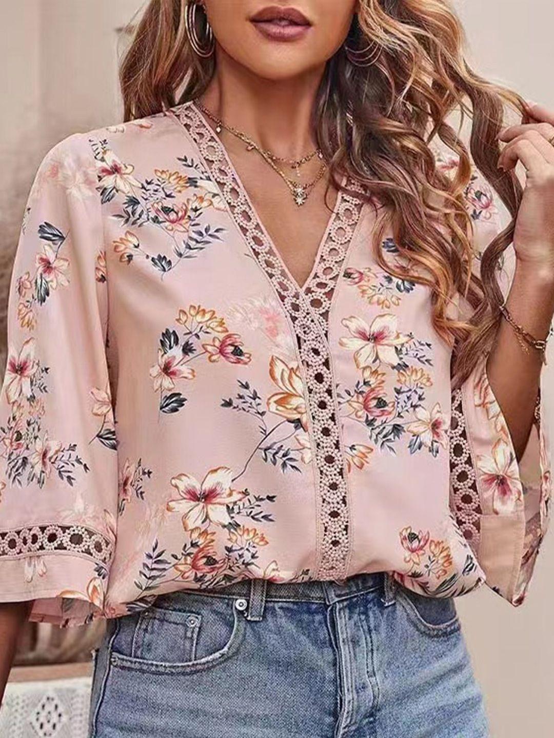stylecast beige & pink floral print flared sleeve chiffon top