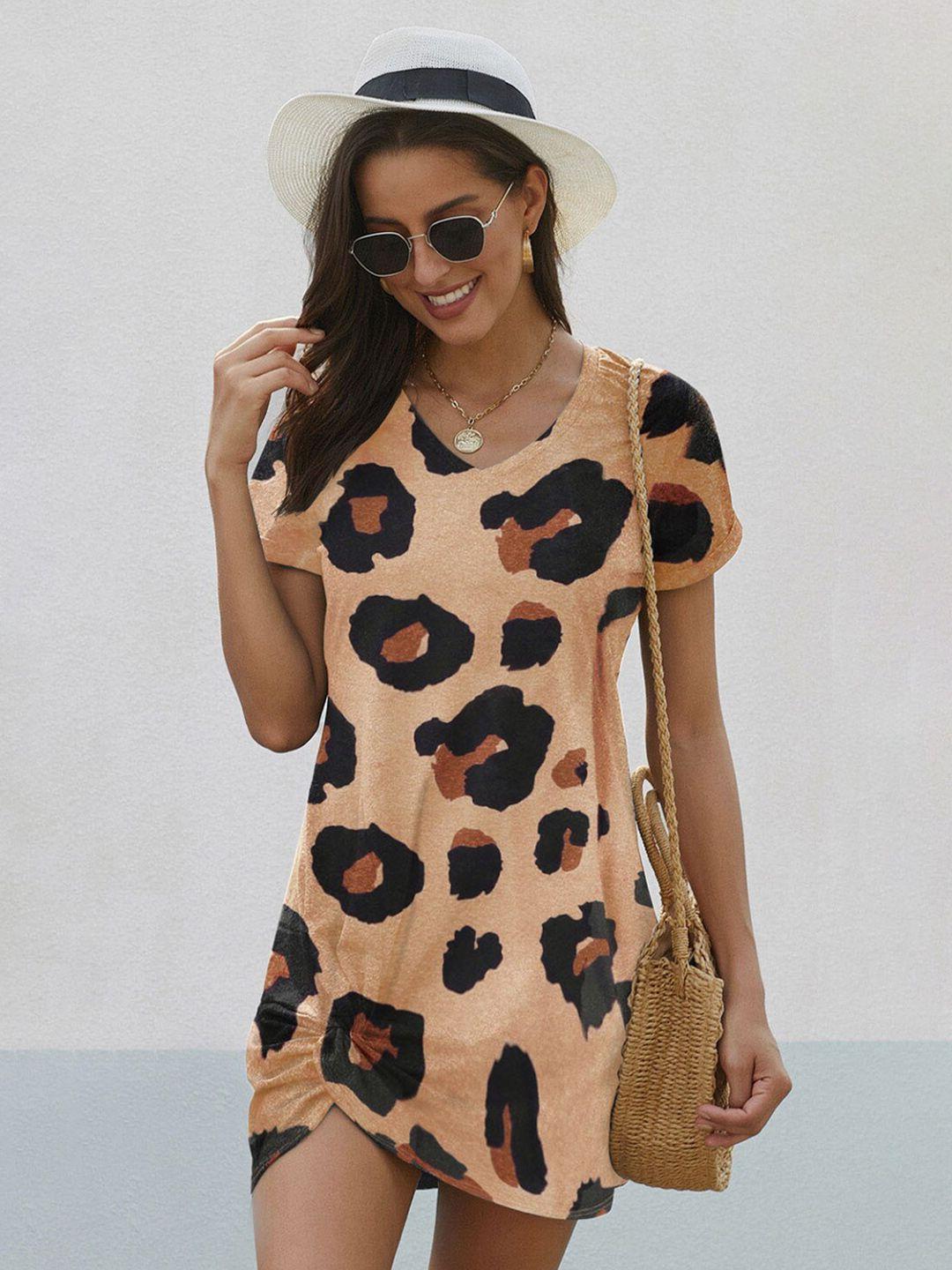 stylecast beige animal printed v-neck t-shirt mini dress