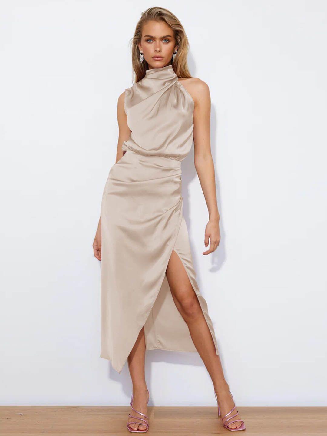 stylecast beige high neck sleeveless a-line midi dress