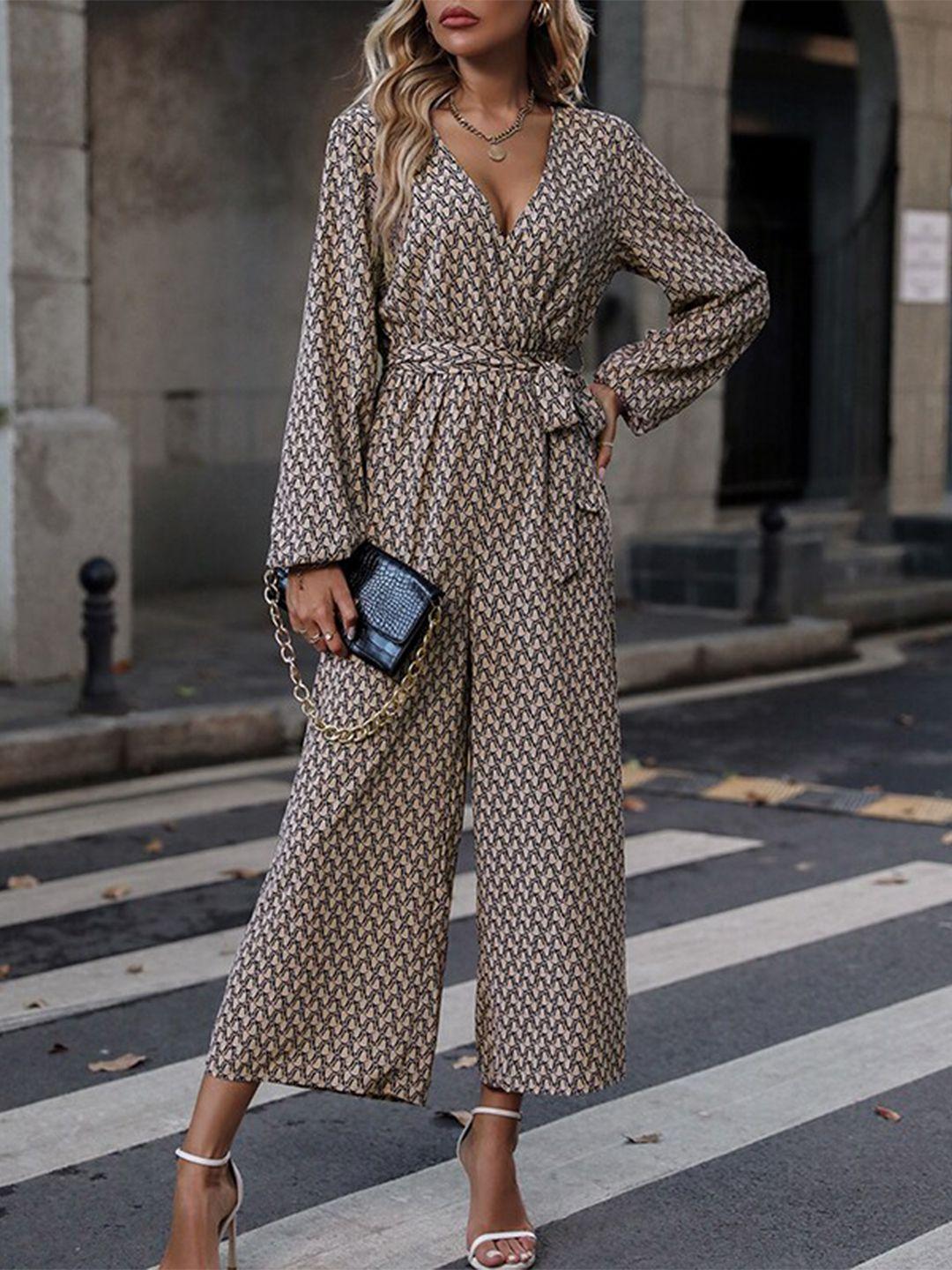 stylecast beige printed v-neck long sleeves waist tie-ups basic jumpsuit