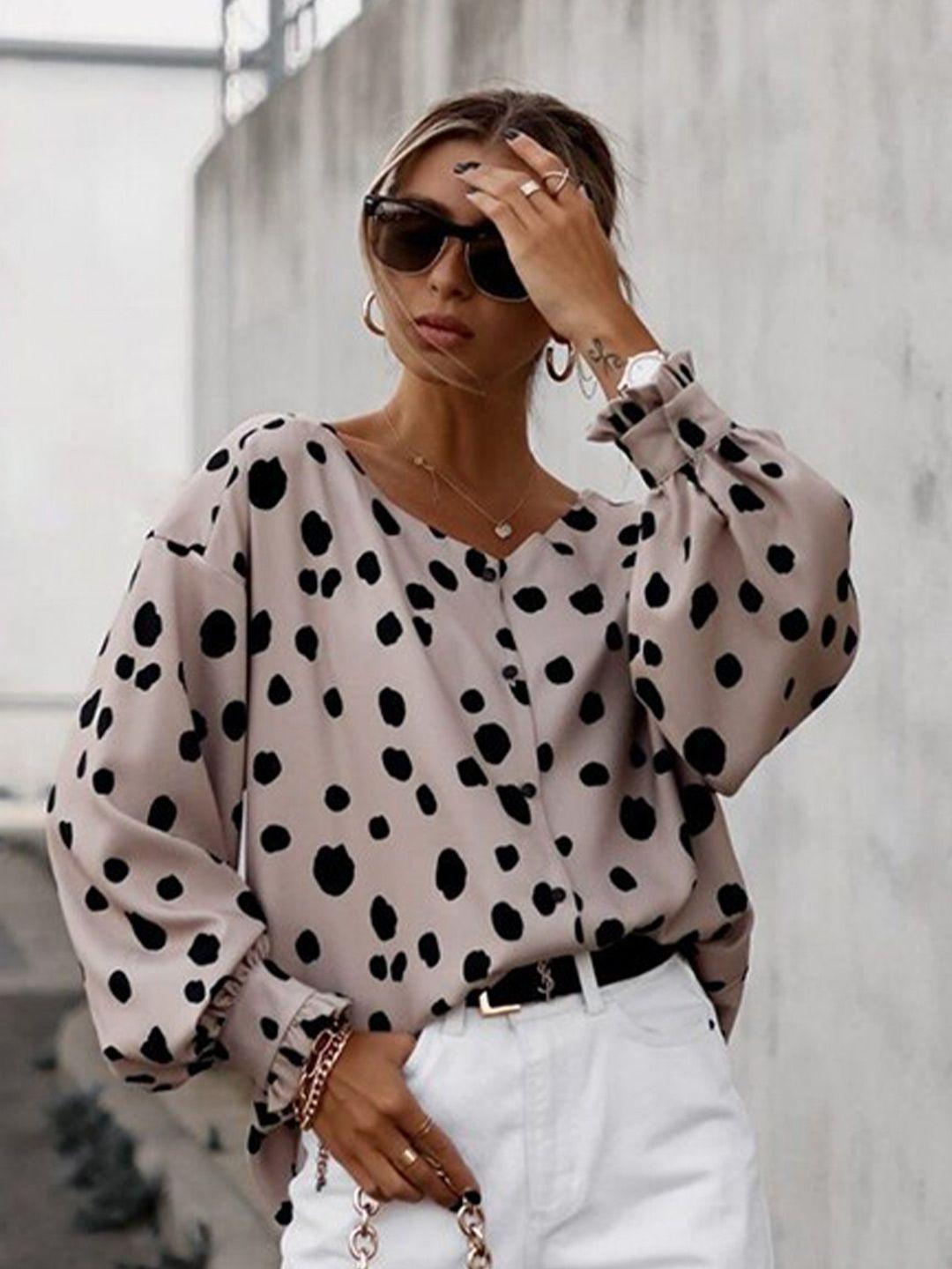 stylecast beige regular fit polka dots printed v-neck casual shirt style top