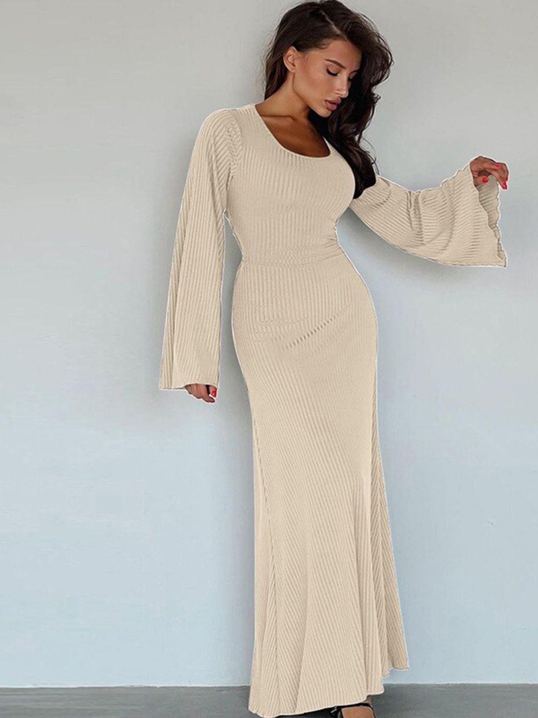 stylecast beige self design flared sleeves tie-ups sheath maxi dress