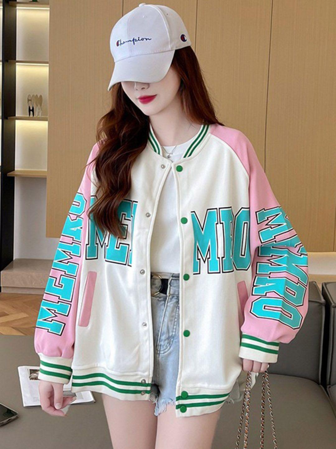 stylecast beige typography printed dry fit longline cotton varsity jacket