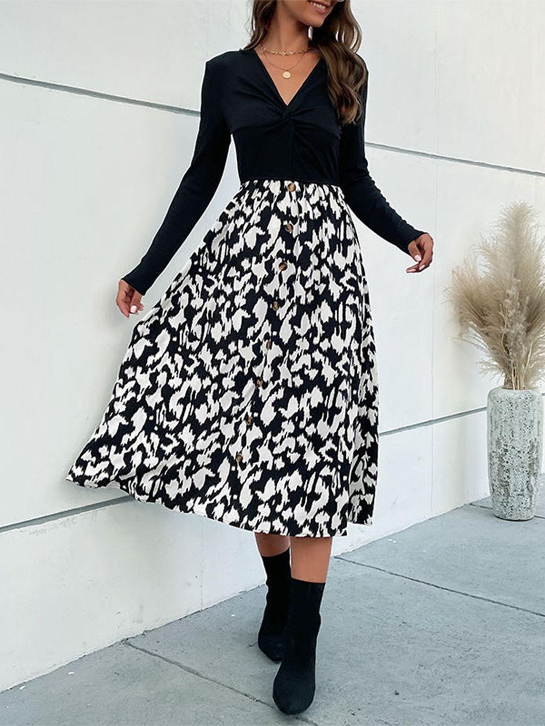 stylecast black & white abstract printed v-neck bohemian a-line midi dress