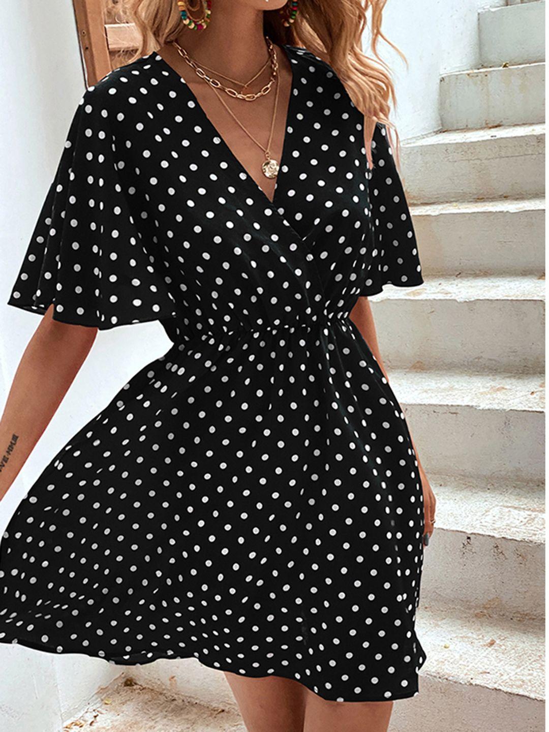 stylecast black & white polka dot printed flared sleeve wrap dress