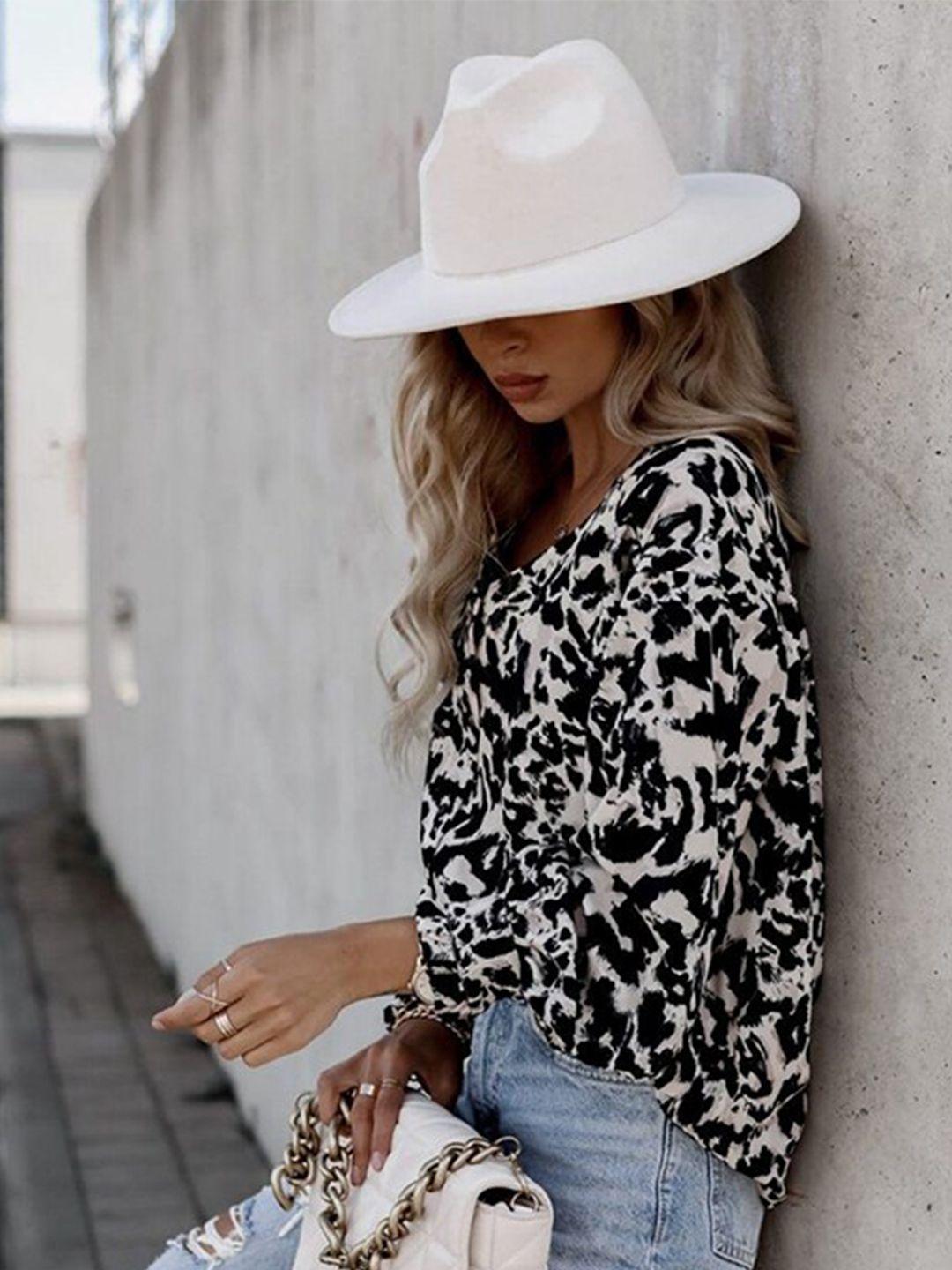 stylecast black animal printed v-neck puff sleeves shirt style top
