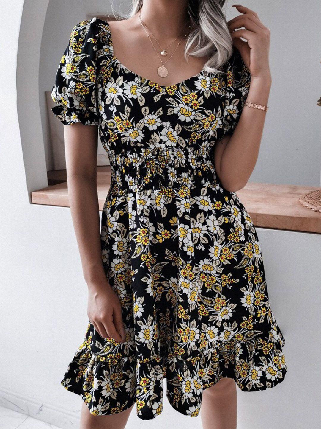 stylecast black floral print puff sleeve fit & flare dress