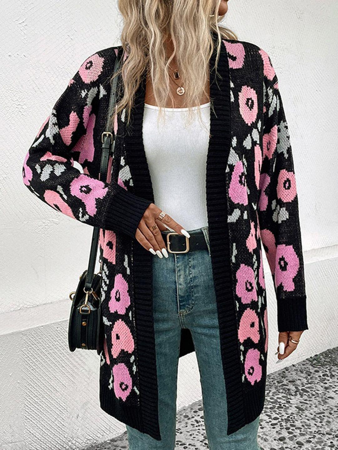 stylecast black floral printed longline front-open acrylic overcoat
