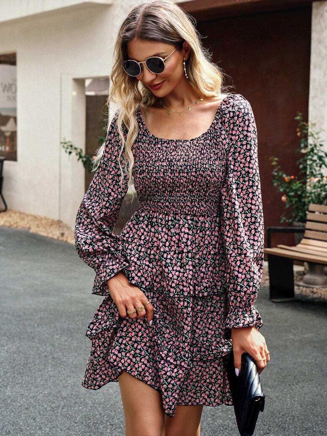 stylecast black floral printed off-shoulder puff sleeve layered fit & flare dress