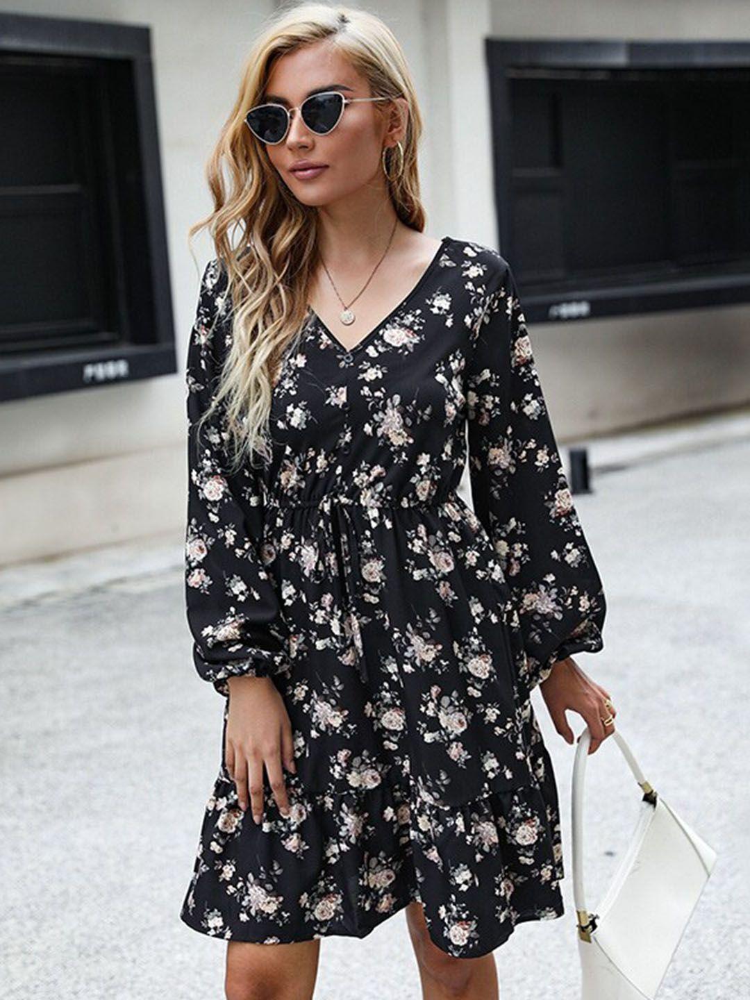stylecast black floral printed puff sleeves fit & flare dress