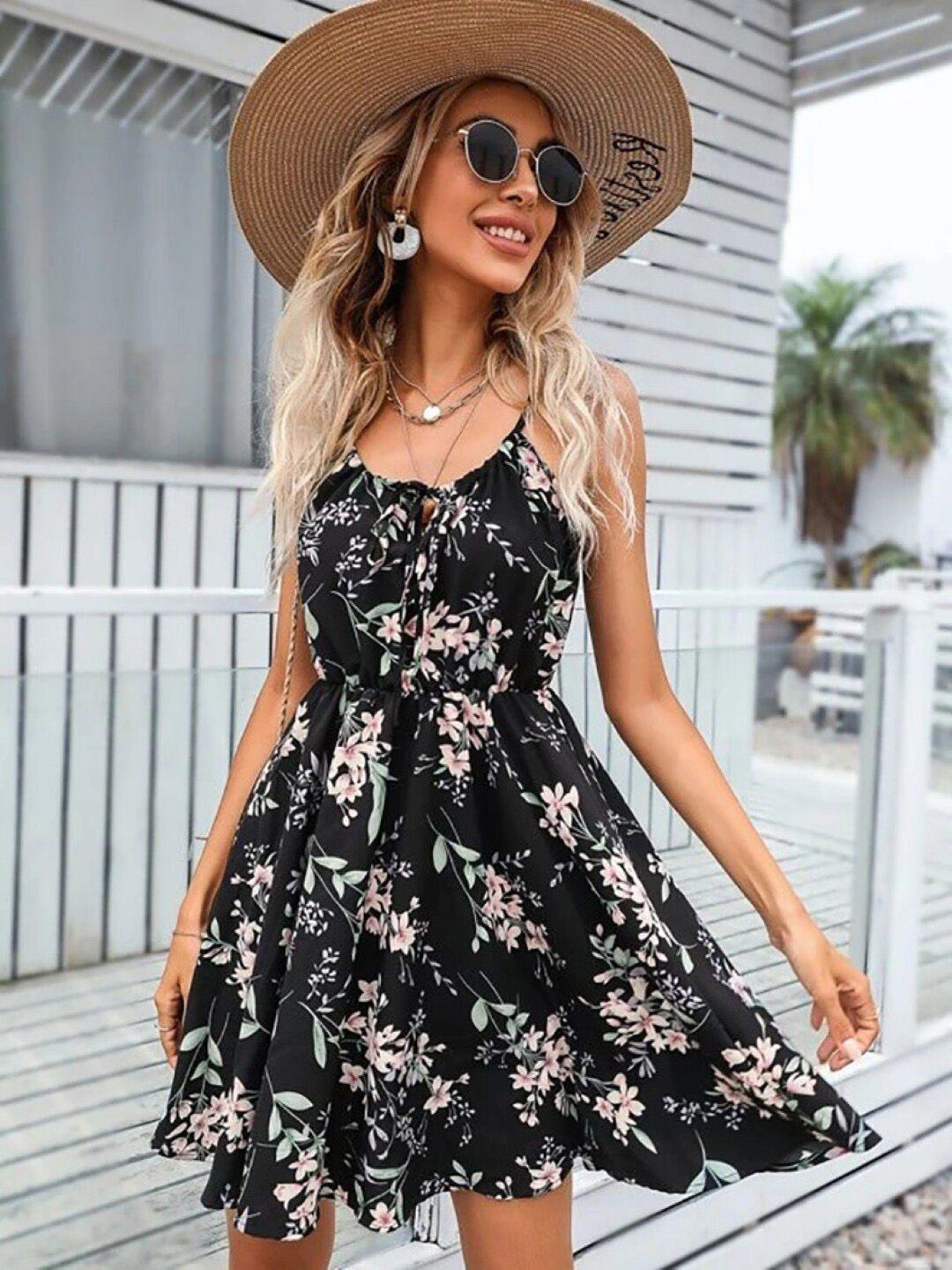 stylecast black floral printed shoulder straps a-line dress