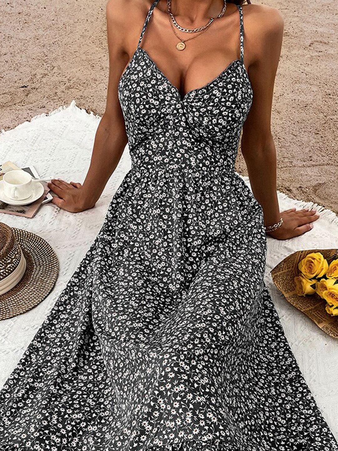 stylecast black floral printed shoulder straps fit and flare midi dress