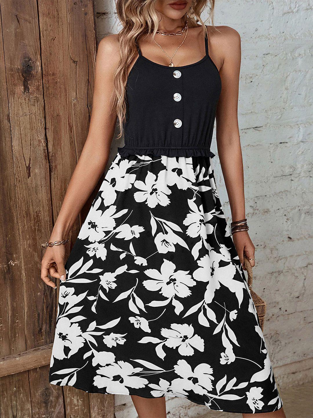 stylecast black floral printed shoulder straps monochrome a-line dress