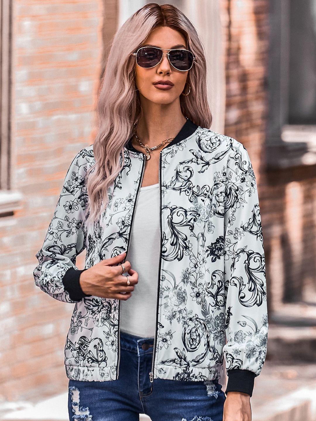 stylecast black floral printed stand collar tailored jacket