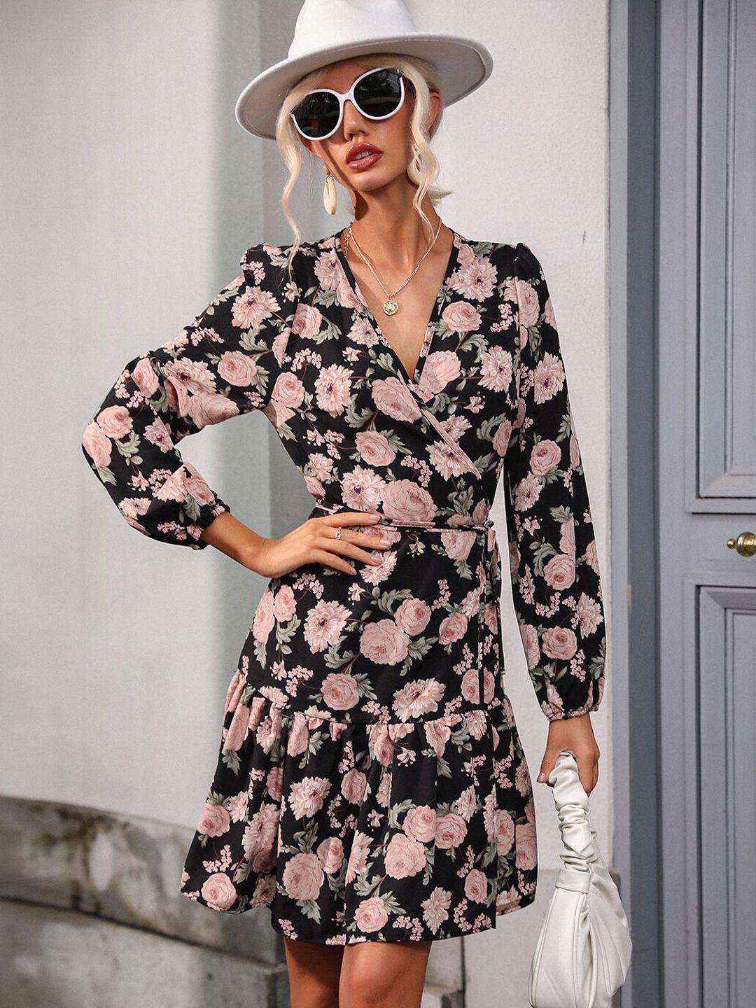 stylecast black floral printed v-neck puff sleeves gathered detailed wrap dress