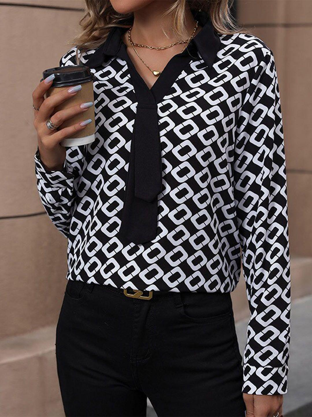 stylecast black geometric printed shirt collar cuffed sleeves top