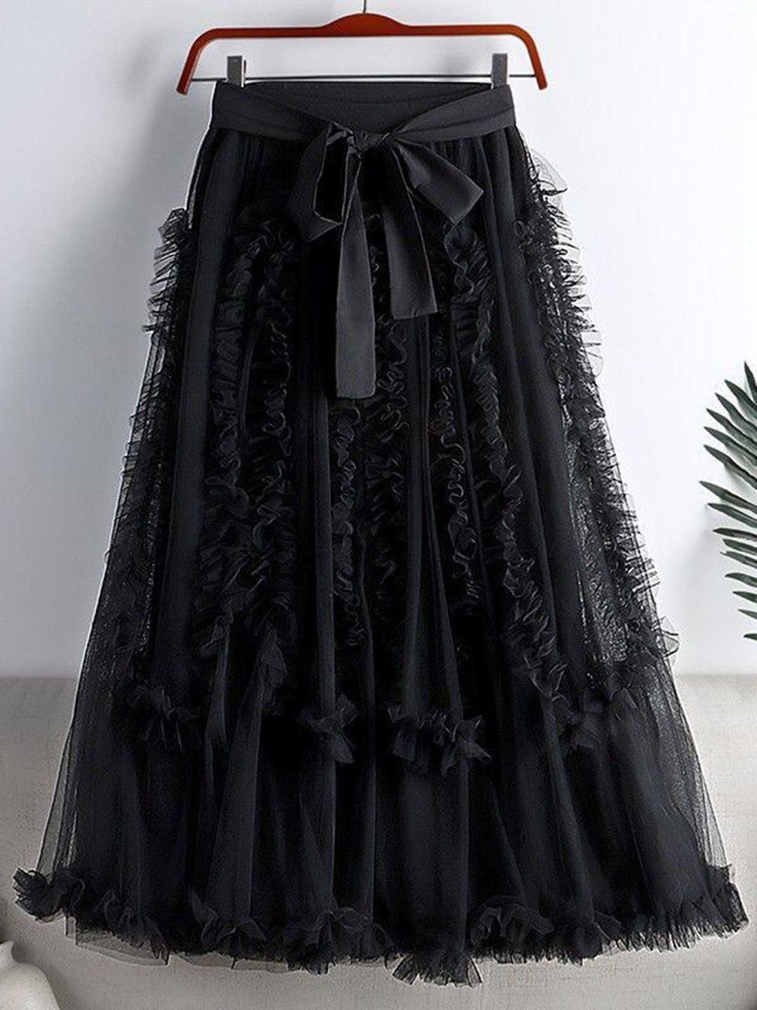 stylecast black lace frills bows and ruffles layered flared maxi skirt