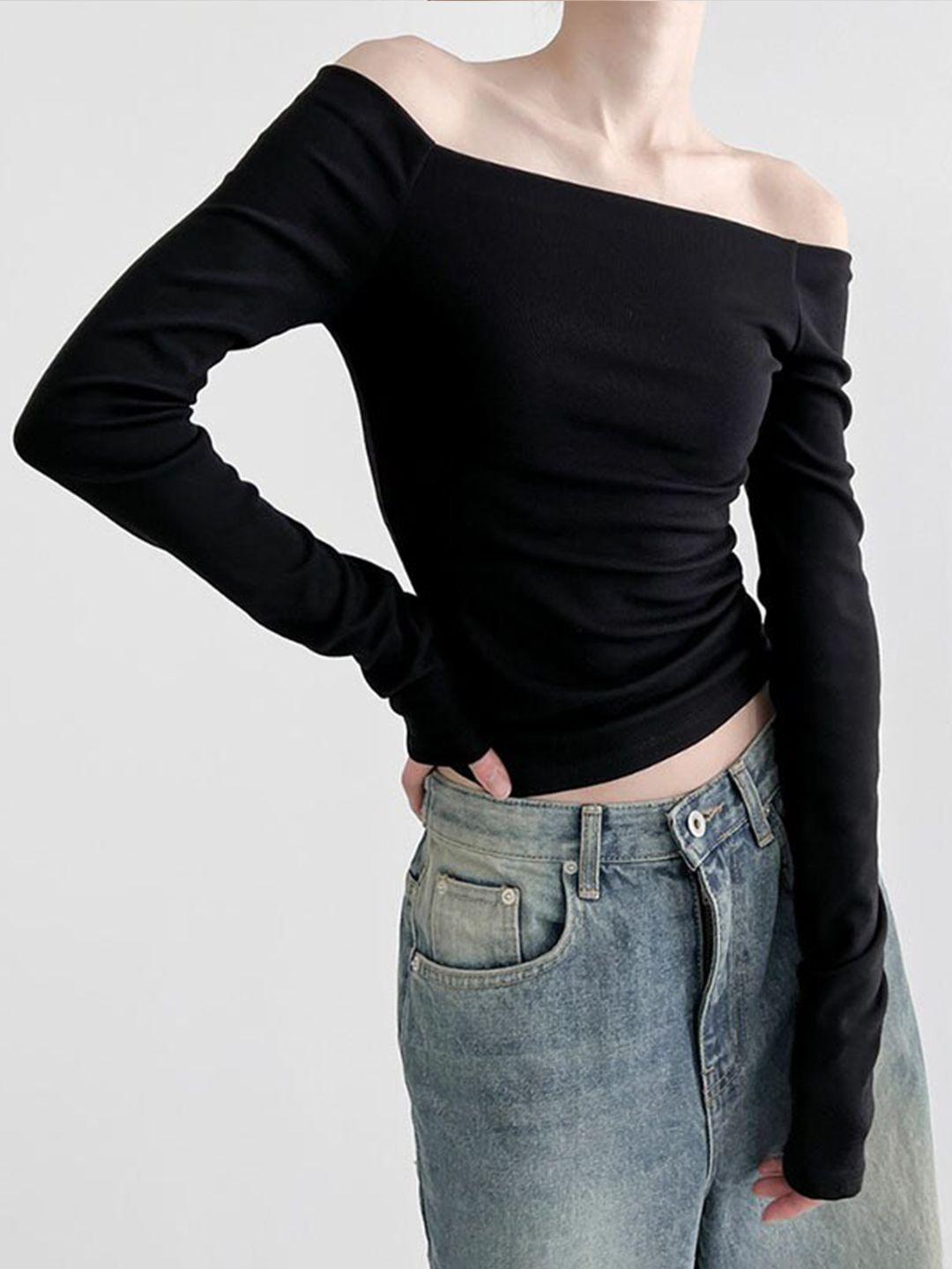 stylecast black off-shoulder extended sleeves crop fitted top